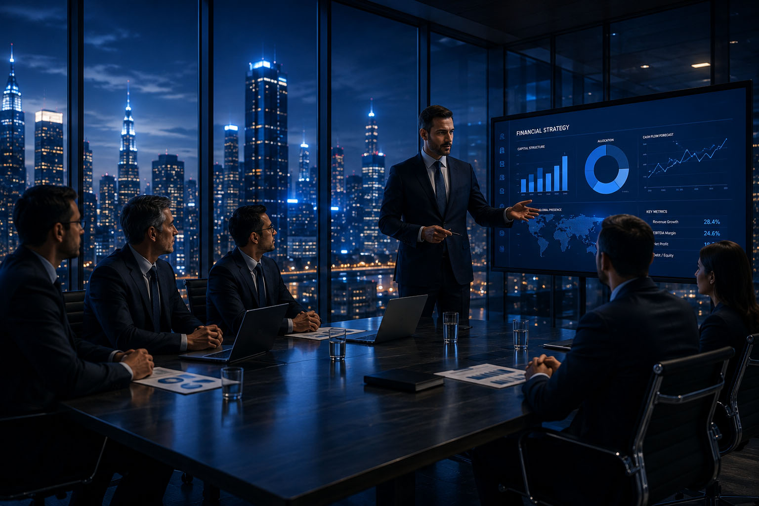 Business leaders discussing financial strategy with Resolvix
